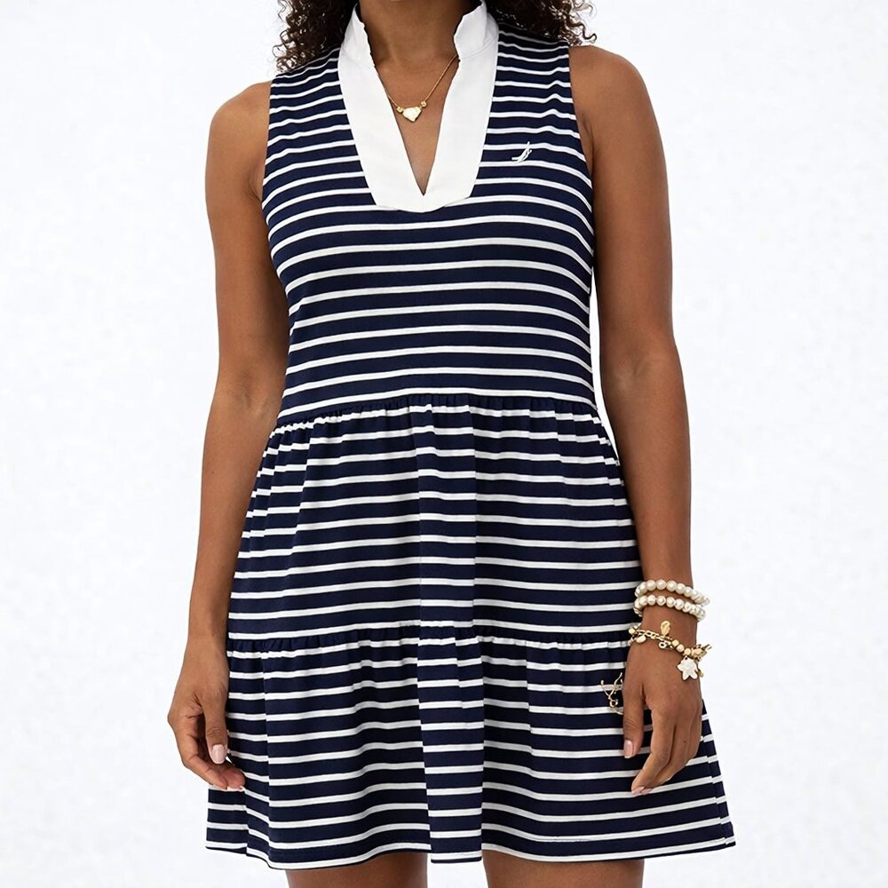 Nautica Navy Striped Coastal Sleeveless Dress | Comfy Cape Cod Summer [size XL]